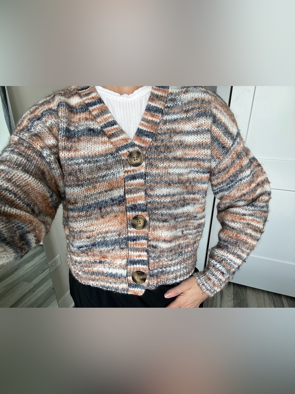 Women's LOFT Knit Button-Front Cardigan Sweater – Peach, Blue & Cream Pattern